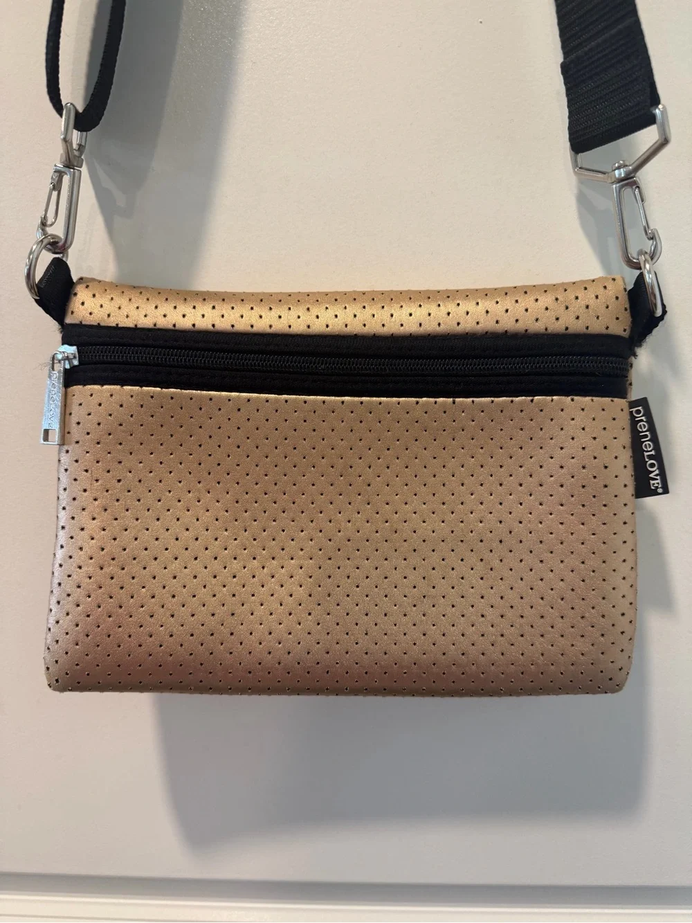 preneLOVE Champagne Gold Perforated Neoprene Crossbody Bag
